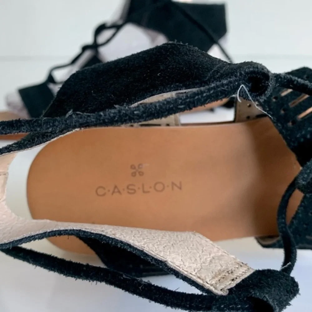 Caslon tassel Sandals, black suede, long laces that‎ cross cross around leg. 6.5